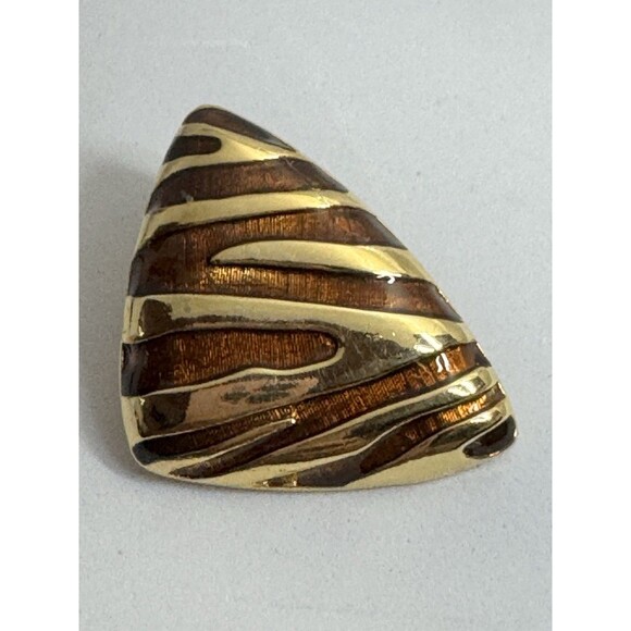 VINTAGE 80'S BROWN ENAMEL ANIMAL PRINT GOLDEN STATEMENT CLIP EARRINGS - Picture 2 of 4